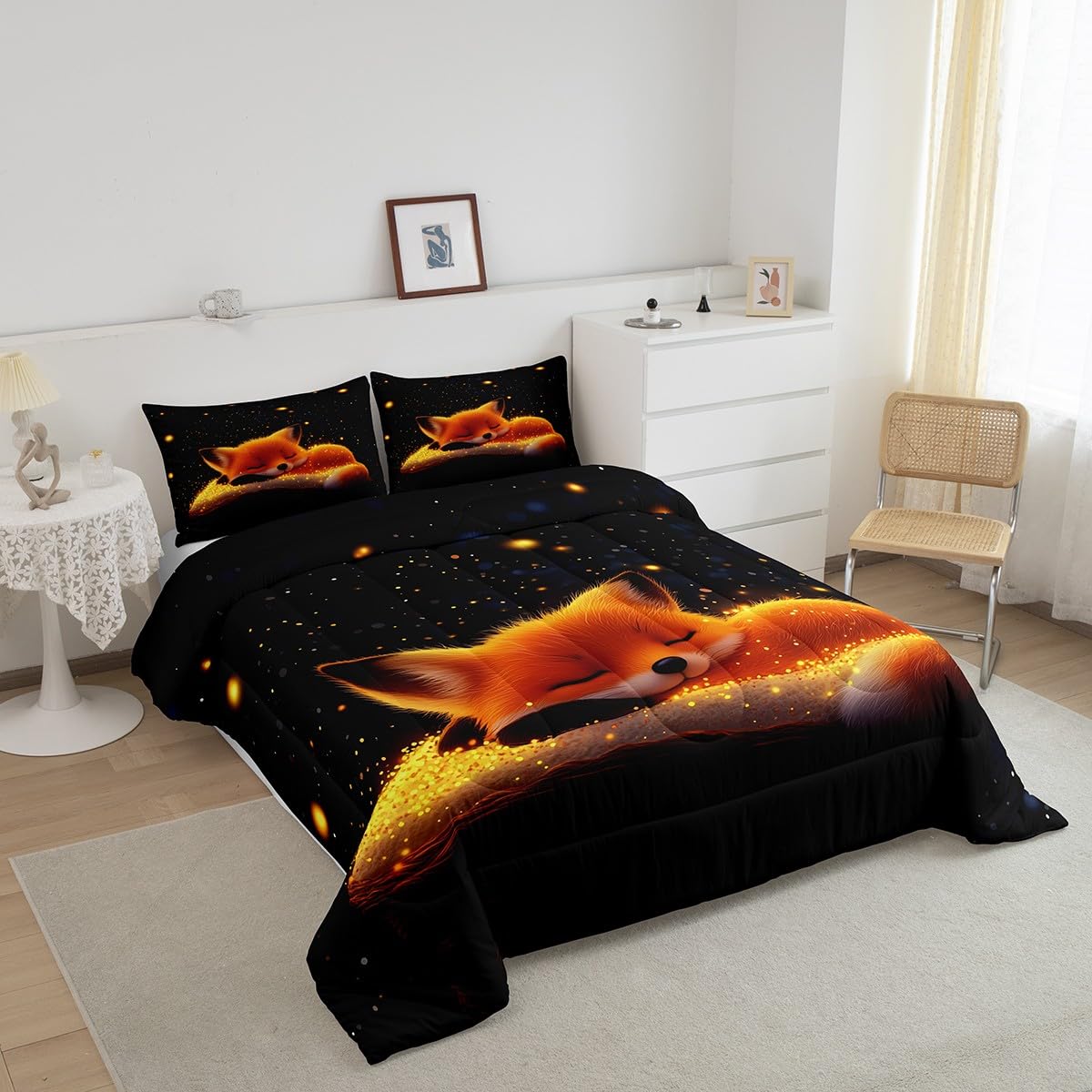 Feelyou Cute Fox Comforter Set Twin Size Kids Galaxy Fox Bedding Set for Boys Girls Teens Universe Animal Comforter Breathable Woodland Fox Duvet Set Glitter Wildlife Quilt Set