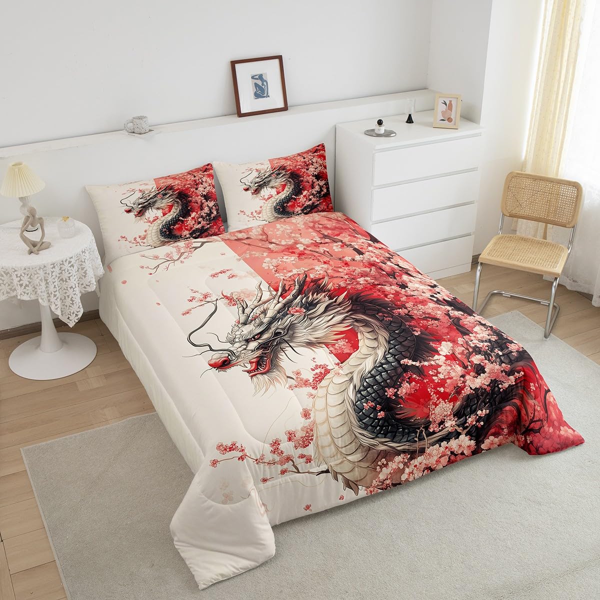 Erosebridal Girls Dragon Comforter Set Full Size, Japanese Style Animal Down Comforter Cherry Blossoms Sakura Bedding Set Ancient Wildlife Quilt for Kids Teens Adult Women Bedroom Decor, Pink