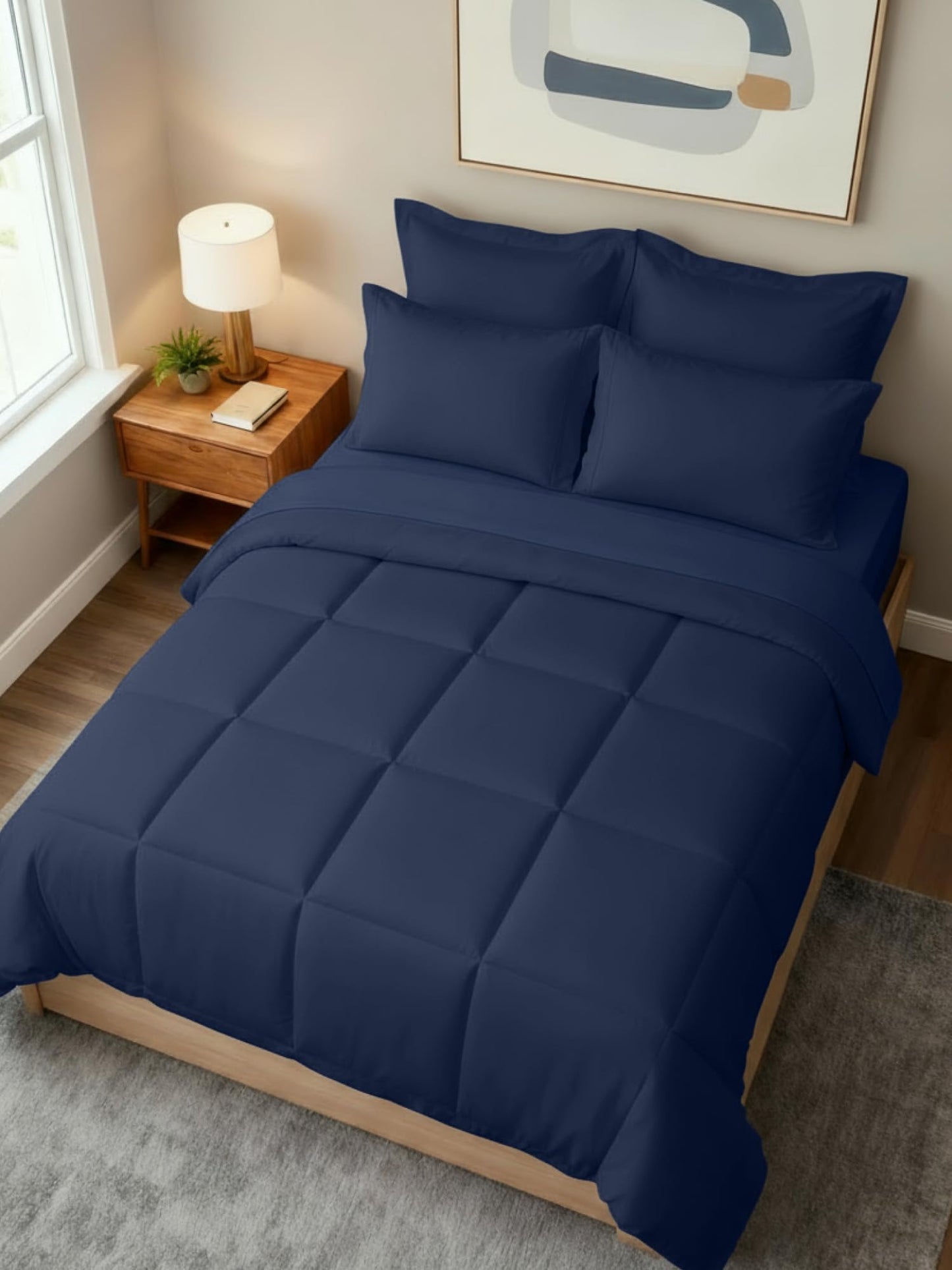 Queen Comforter Set Navy Blue - Bed in a Bag Queen Size 7 Pieces - Down Alternative Duvet Insert - Lightweight Comforter Bedding Set with Flat Sheet, Fitted Sheet, Pillowcases & Shams for All Seasons