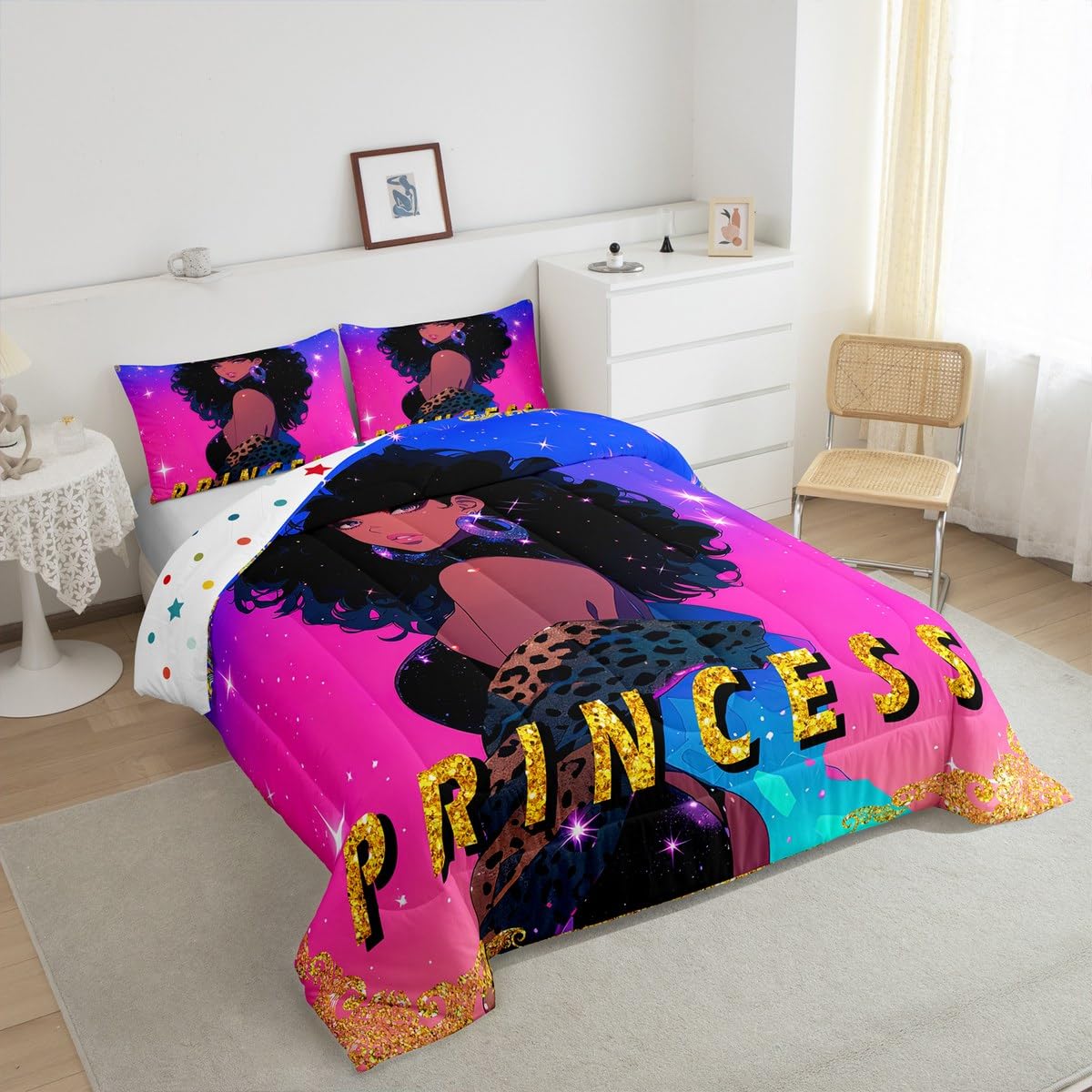 Erosebridal Black Woman Comforter Set for Girls Twin,American African Black Girls Quilt Afro Hair Girl Princess Melanin Magical Bedding Set,Leopard Print Gradient Blue Purple Galaxy Room Decor