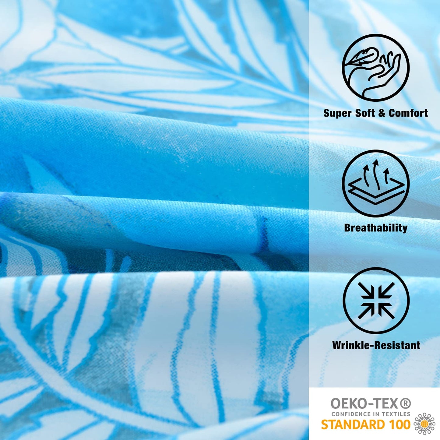 JSD Blue Tropical Leaves Print Sheet Set Queen, 4 Piece Soft Pattern Microfiber Bed Sheets Extra Deep Pocket