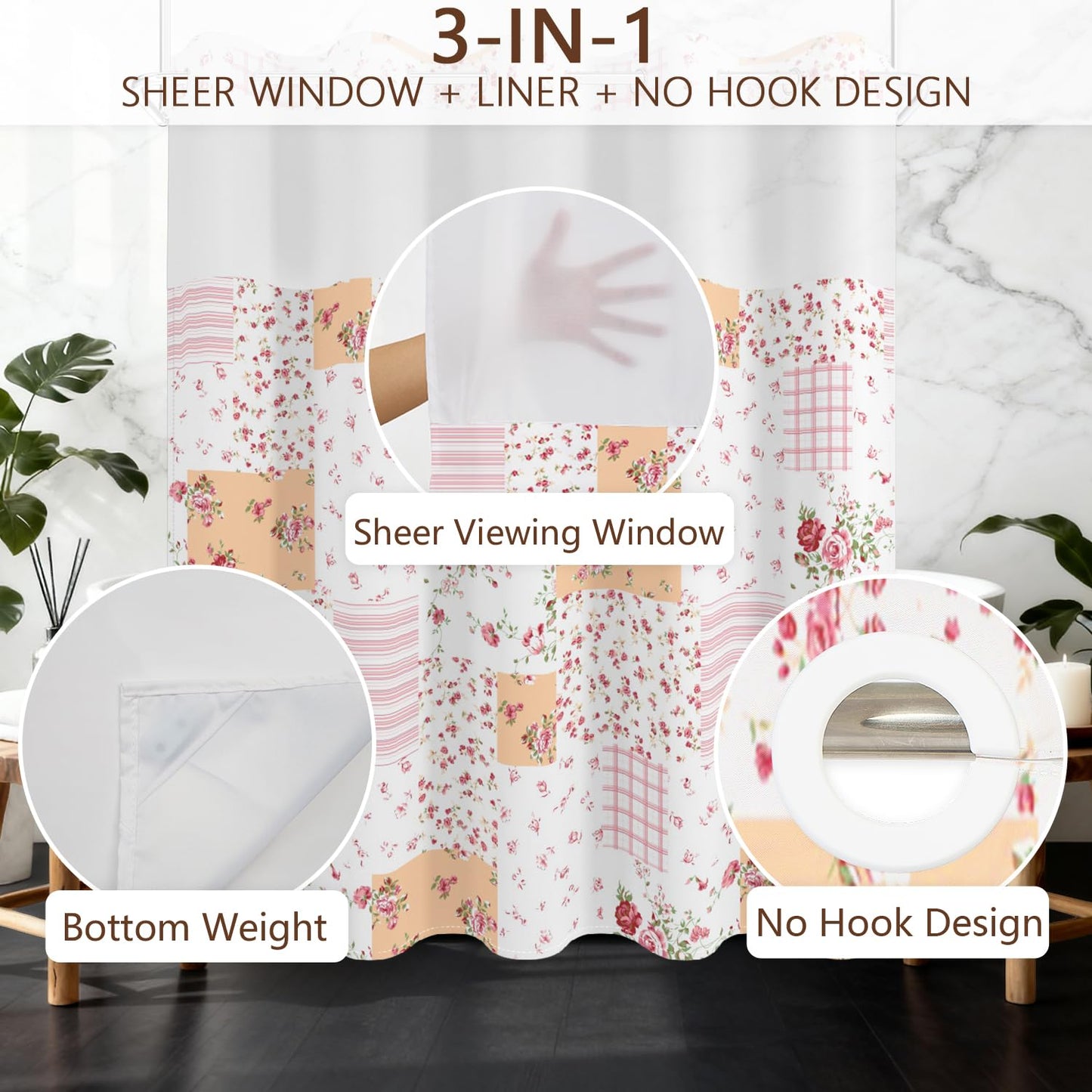 No Hook Shower Curtain with Snap in Fabric Liner Set, Waterproof & Washable, Patchwork Pink Rose Floral Shower Curtains for Bathroom, Farmhouse Rustic Flower Bathroom Curtain, House Gift, 71x74 inch