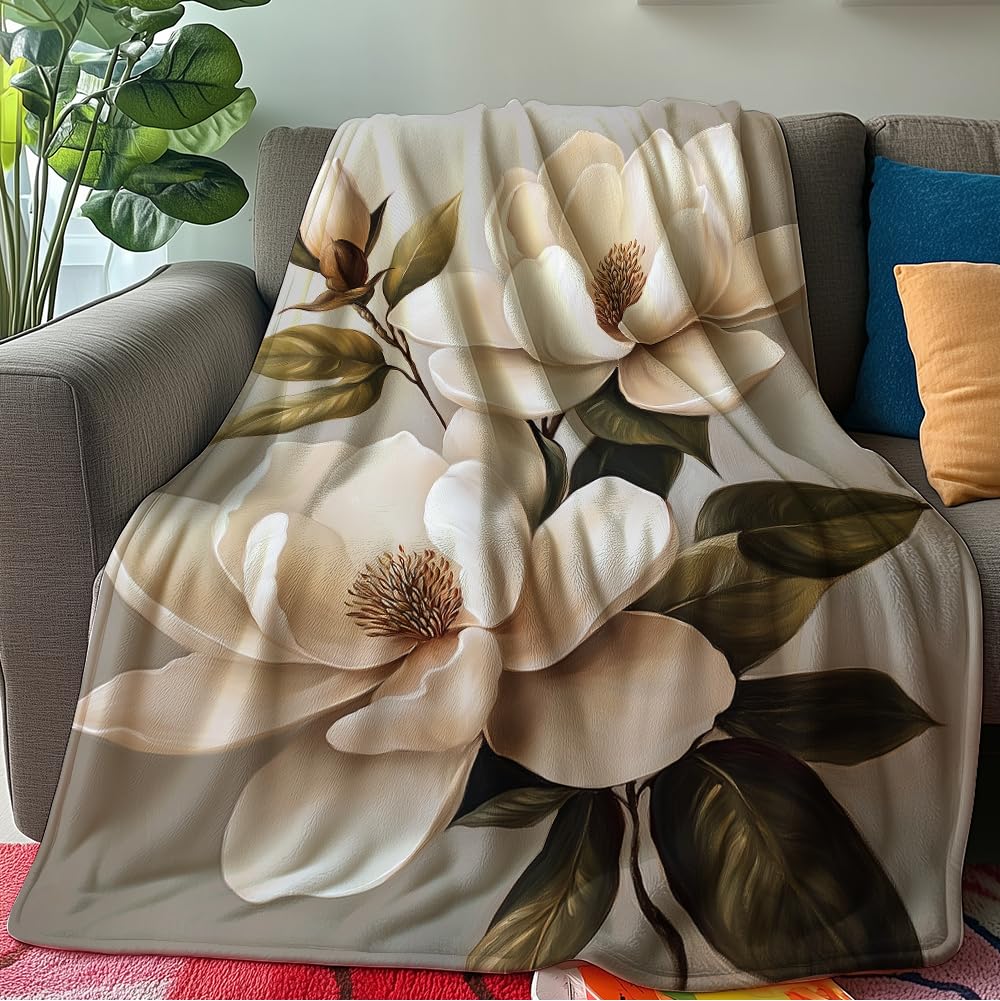 HUNXIAOJ Magnolia Blanket Flower Print Blanket Magnolia Floral Decor Warm Soft Flannel for Teens Adults Bed Sofa Couch (49in x 59in)