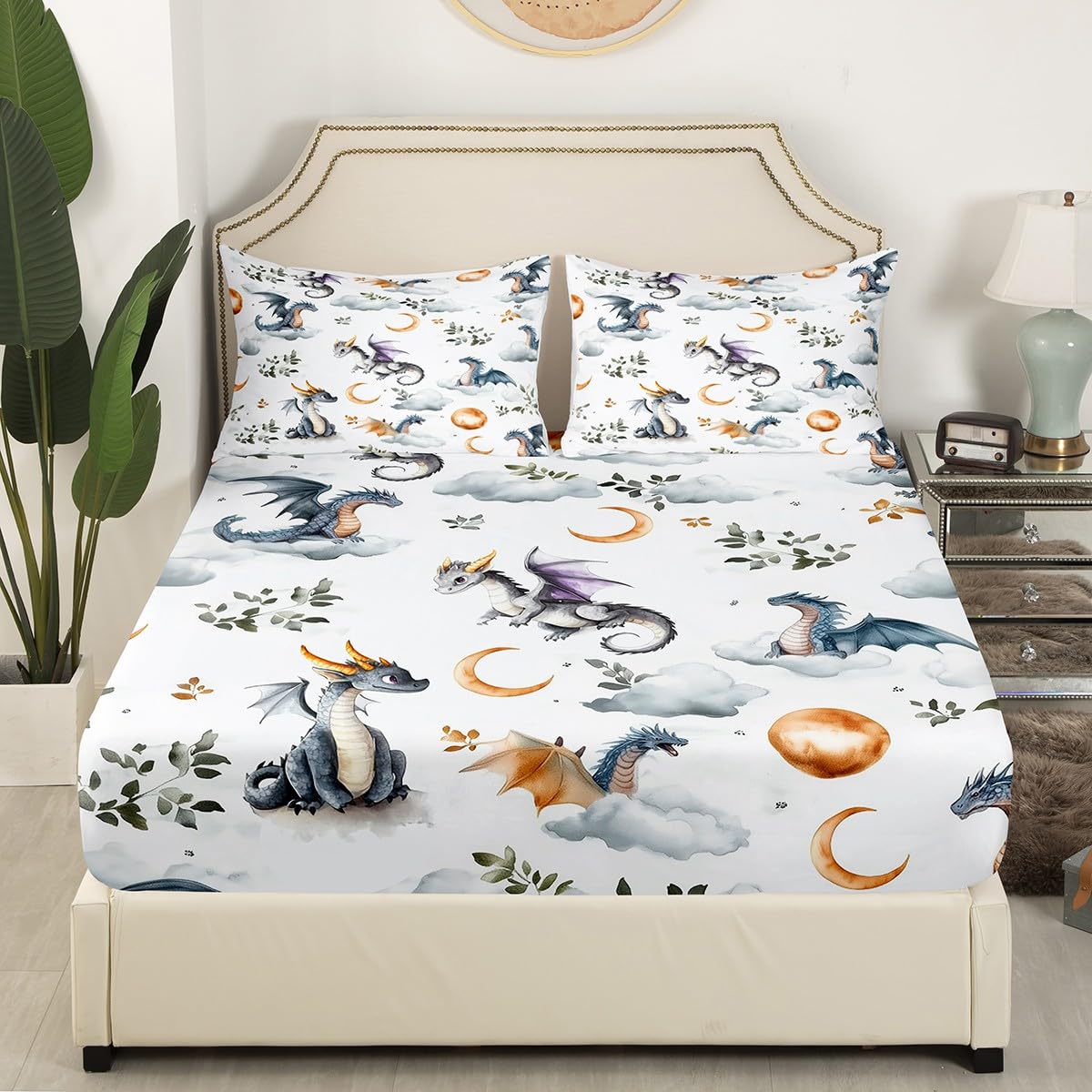 Western Dragon Fitted Sheet Twin Size,Cute Flying Dragon Bedding Sets 2Pcs,Star Moon Leaves Bed Sheet for Kids Teens Girls Boys Room Decor,Wild Animals Plant Deep Pocket Sheet,1 Pillowcase