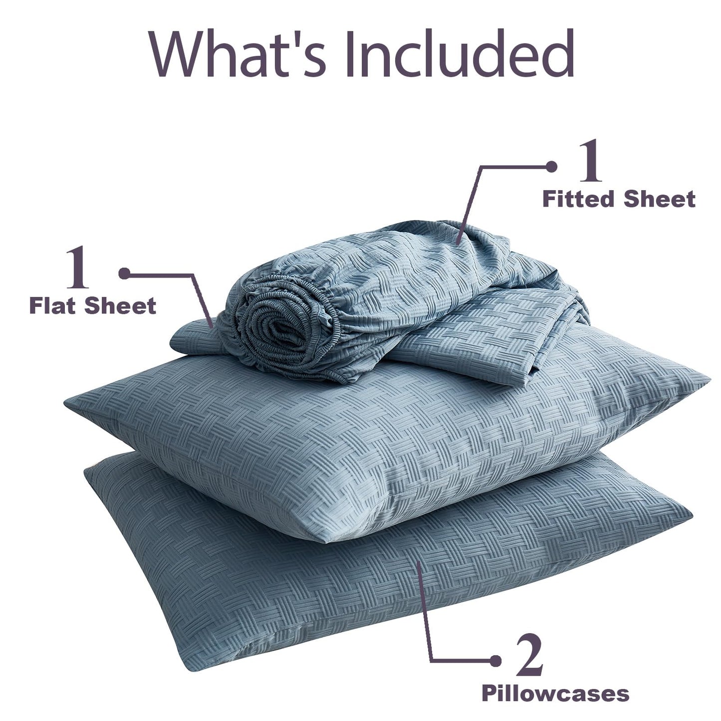 Seavelson Woven Grid Soft King Size Sheet Set - Comfortable & Breathable 4 Piece Bed Sheets with 1 Fitted Sheet,1 Flat Sheet & 2 Pillowcases - Deep Pocket Up to 18 Inches (Blue Grey)