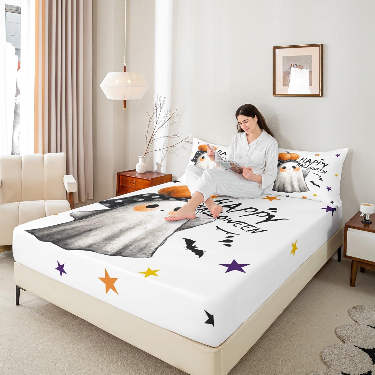 Feelyou Kids Halloween Bed Sheet Set Full Size, Cute Ghost Fitted Sheet Happy Halloween Bedding Set Boys Girls Horror Decor Teens Bedroom Decor Lightweight Bed Set (No Flat Sheet)