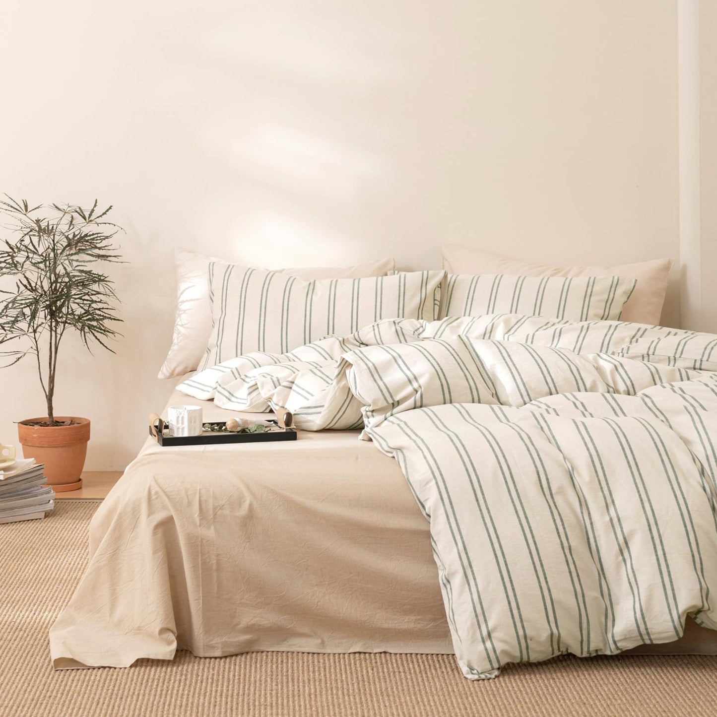 VM VOUGEMARKET Striped Duvet Cover Set Queen Beige 100% Washed Cotton Bedding Set,Grey Green Vertical Ticking Stripes Pattern Comforter Cover with Zipper Closure (3pcs, Queen Size)