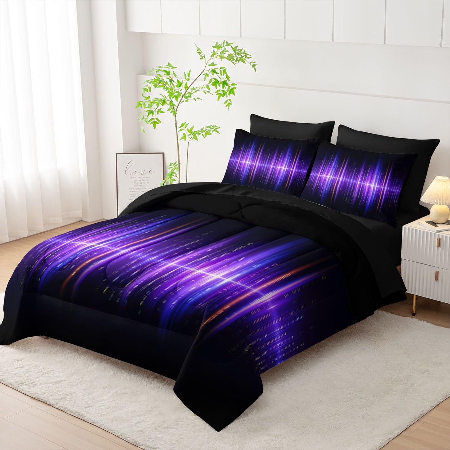 Smell Sunshine 7Pcs Geometric Stripes Comforter Set Purple Gradient Lines Printed Bedding Set with 1 Comforter, 1 Flat Sheet, 1 Fitted Sheet and 4 Pillowcases for Boys and Girls Bedroom (Lines Twin