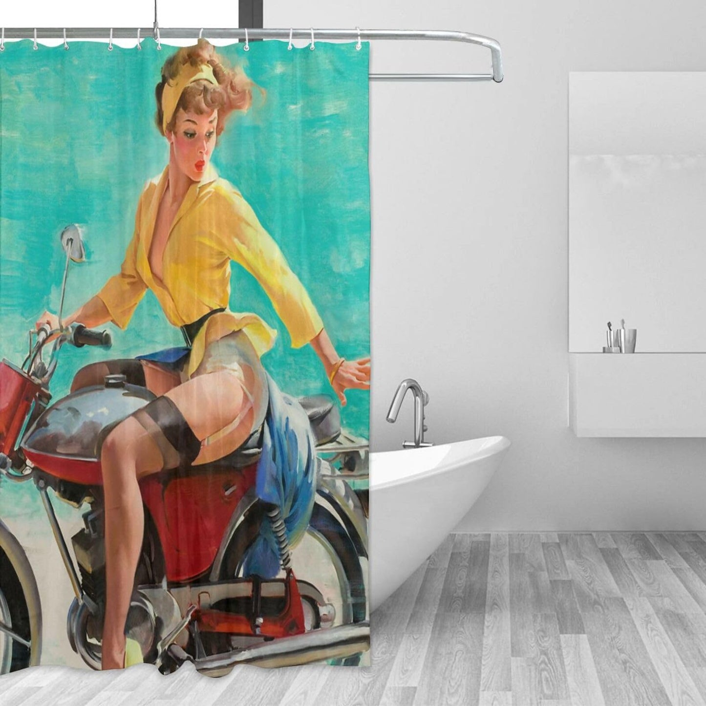 FUNNY KIDS' HOME Retro Pin up Girl Shower Curtains for Bathroom Oil Painting Art Canvas Style Bathroom Decor Sexy Lady Ride a Mortorbike Waterproof Polyester 72(w) x72(h)
