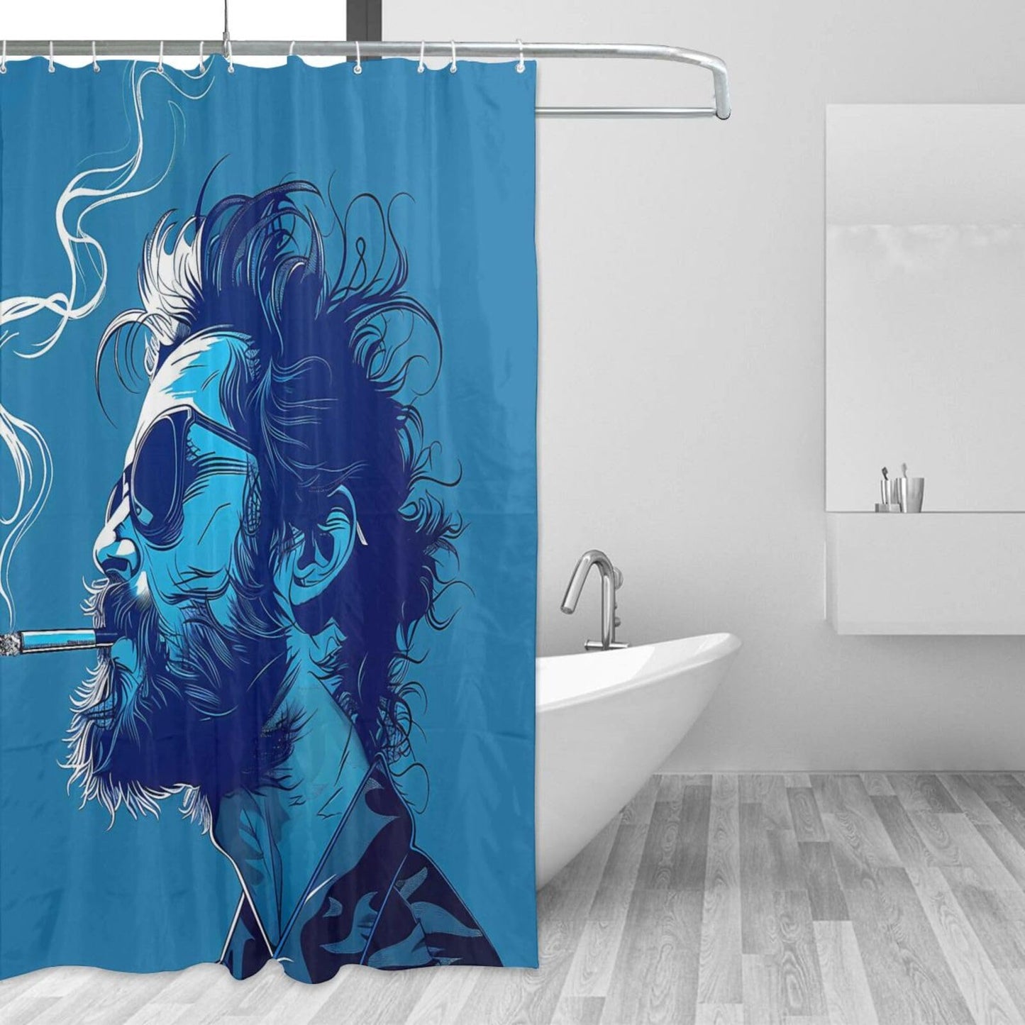 Falynth Blue Tone Cool Man Character Waterproof Fabric Shower Curtain 70 Inch – Machine Washable Polyester Bathroom Curtain with 12 Hooks (Metal/Plastic)
