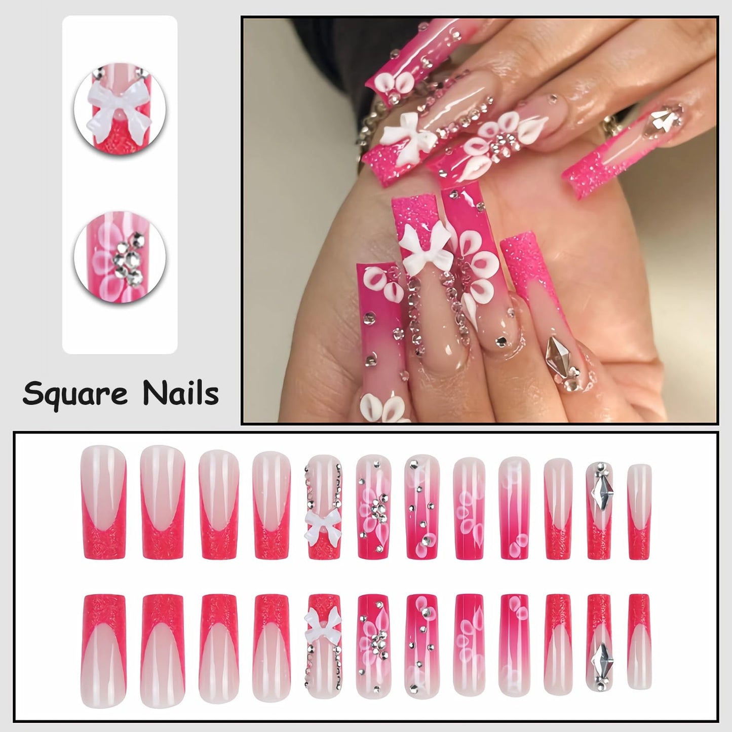 MISUD Press on Nails - Long Square Glue on Nails with Hot Pink, Acrylic Bling Glitter Rhinestone Design 24 pcs