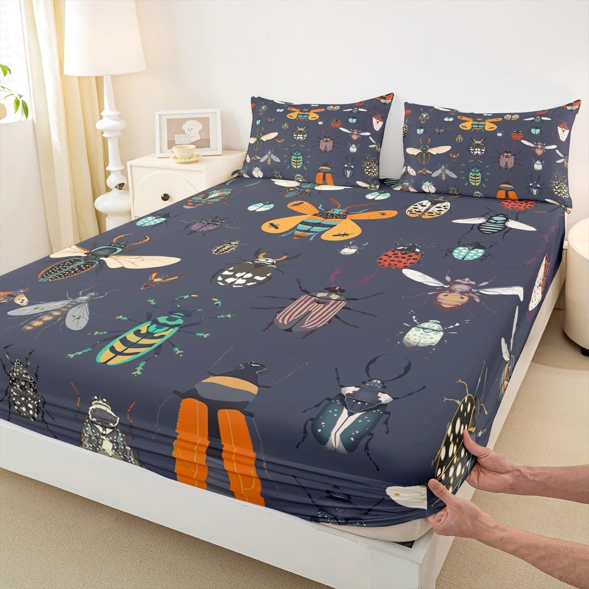 Beetles Bed Sheet Set Twin Size Cartoon Ladybug Moth Sheet Set Nature Wild Animals Sheets for Boys Girls Bedroom Dark Purple Bedding Set with Flat Sheet Fitted Sheet Pillowcase 3Pcs