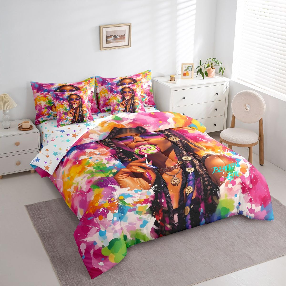 Erosebridal Cute Black Girls Queen Bedding Set Y2K Colorful Splash Paint Comforter Set Teen Stylish Multicolor Art 7-Piece Bed in a Bag Vibrant Aesthetic Watercolor Quilt Sets