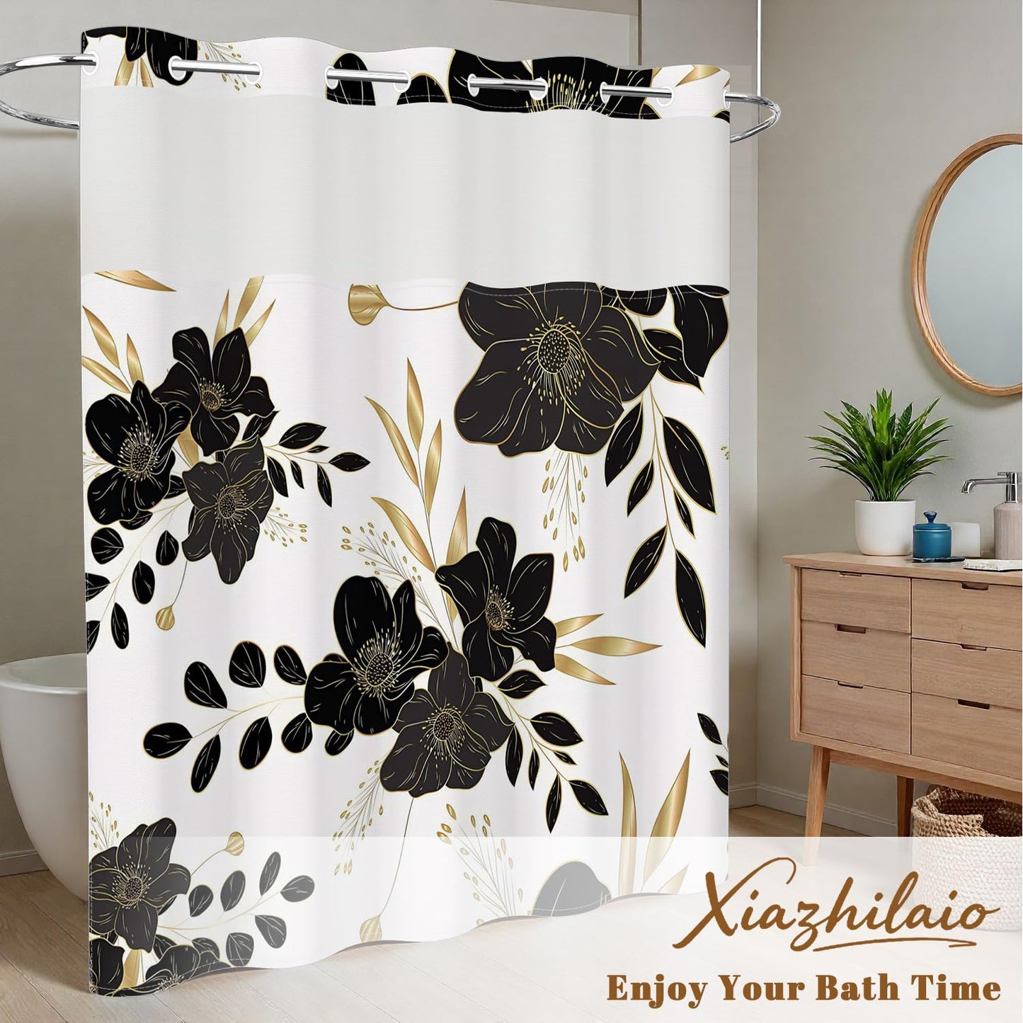 Xiazhilaio No Hook Black & Gold Floral Shower Curtain with Snap in Liner - 71″W x 74″L Waterproof Fabric with Mesh Top Window, Dark Flower Printed Bath Tub Curtain for Modern Luxury Bathroom Decor