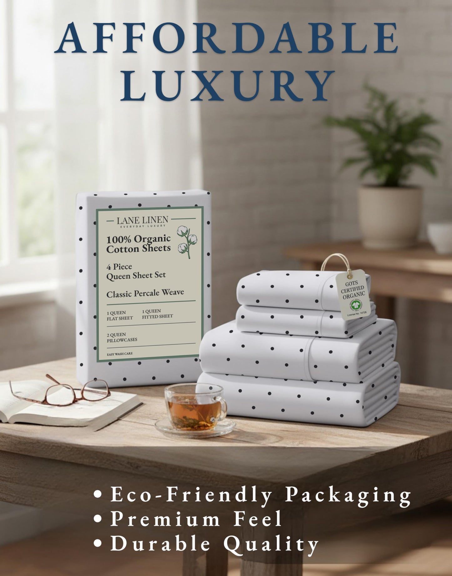 LANE LINEN Queen Size Sheets Deep Pocket 100% Organic Cotton GOTS Certified Percale Weave Deep Pocket 4 Piece Soft Breathable Cooling Lightweight All Season Machine Washable Crisp - Polka Dot-Black