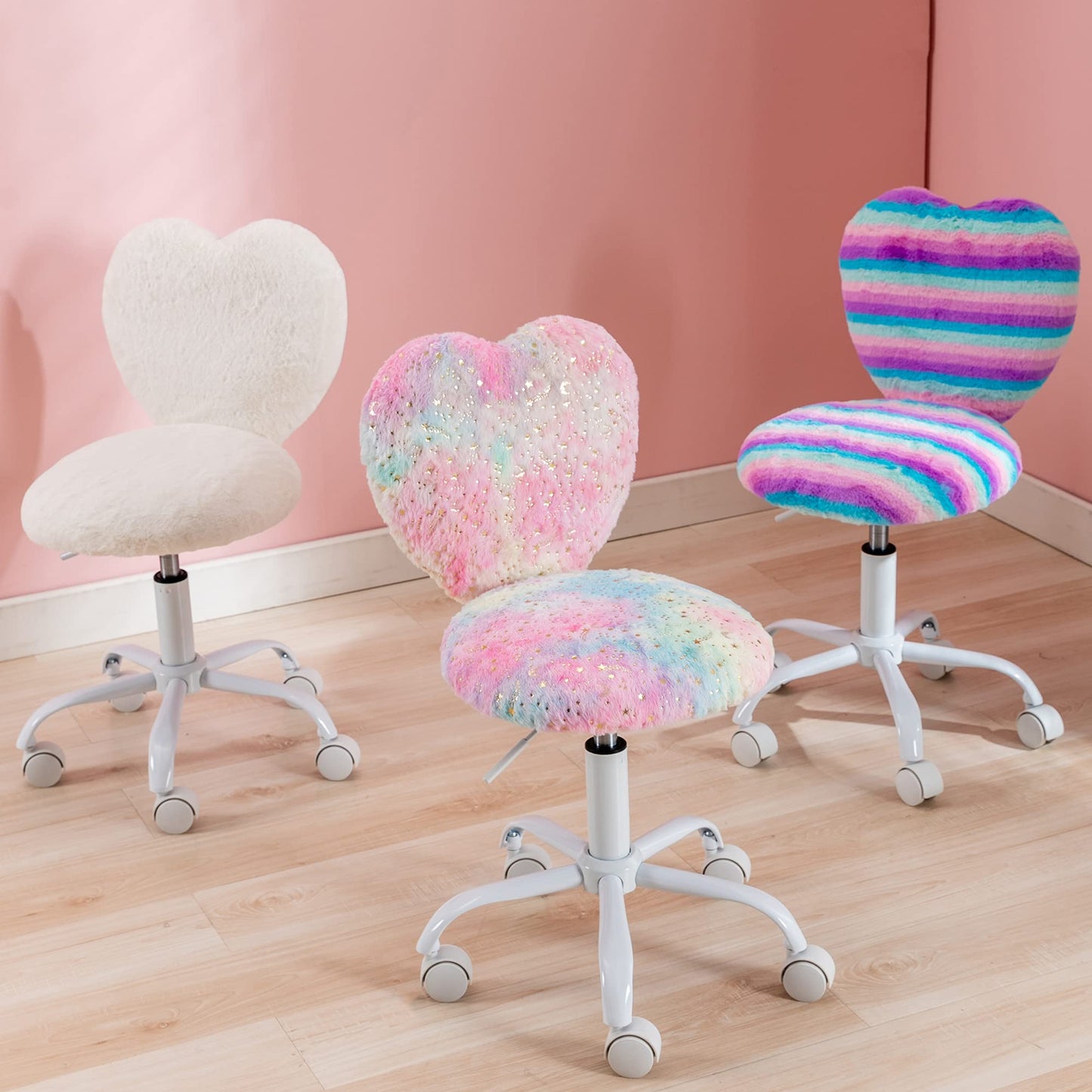DM Furniture Small Desk Chair Swivel Kids Office Chair Fuzzy Student Computer Task Chair Faux Fur Vanity Chair Cute Heart Chair for Girls Boys Bedroom, Rainbow