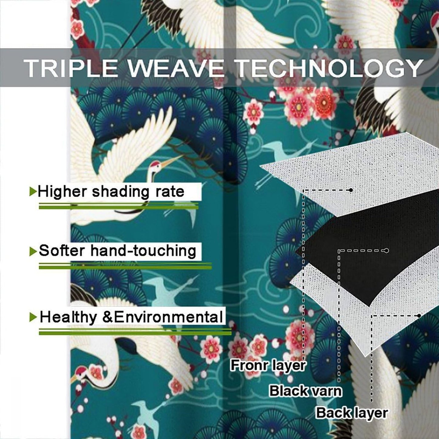 YSWOW Japanese Cranes Curtains, Asia Oriental Theme Art Printed Window Drapes for Bedroom Living Room Kitchen Decor Fabric 2 Panel 42x45 Inch 30% Shading Rate