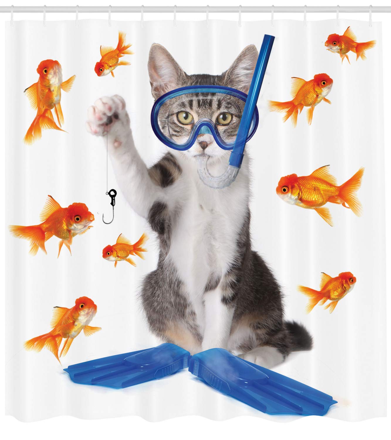 Ambesonne Cat Shower Curtain, Modern Spin on The Term Fishing Curiosity Goldfish Hunting Humorous Art, Cloth Fabric Bathroom Decor Set with Hooks, 69" W x 70" L, Blue Orange