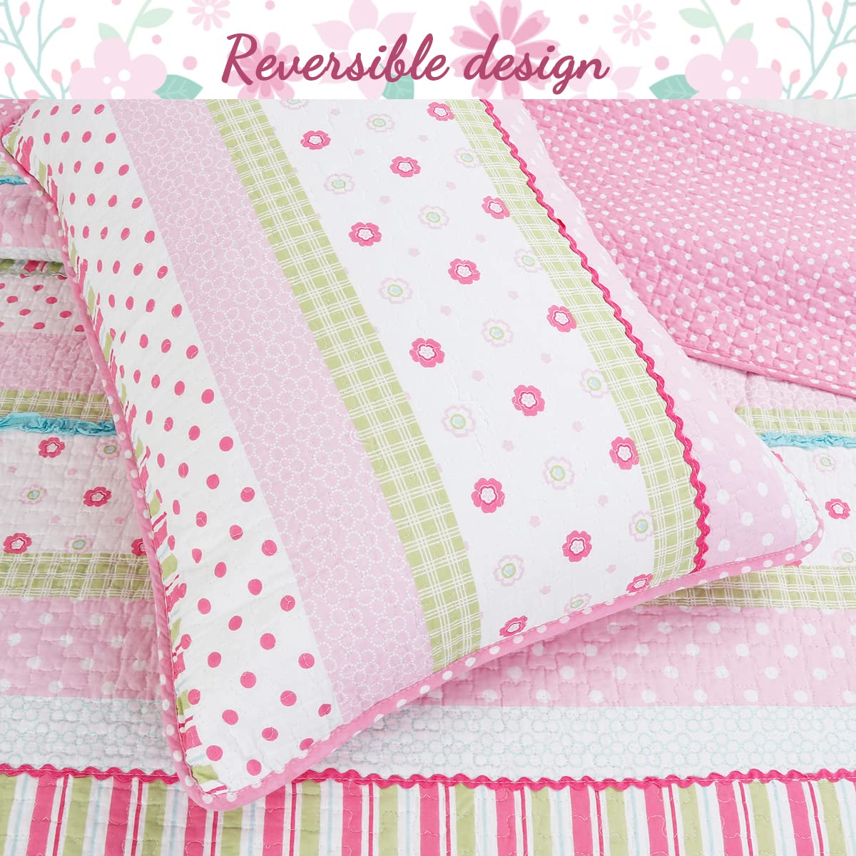 Cozy Line Home Fashions Soft Bright Greta Pastel Design Girl 100% Cotton Reversible Quilt Bedding Set, Coverlet, Bedspread (Queen - 3 Piece)