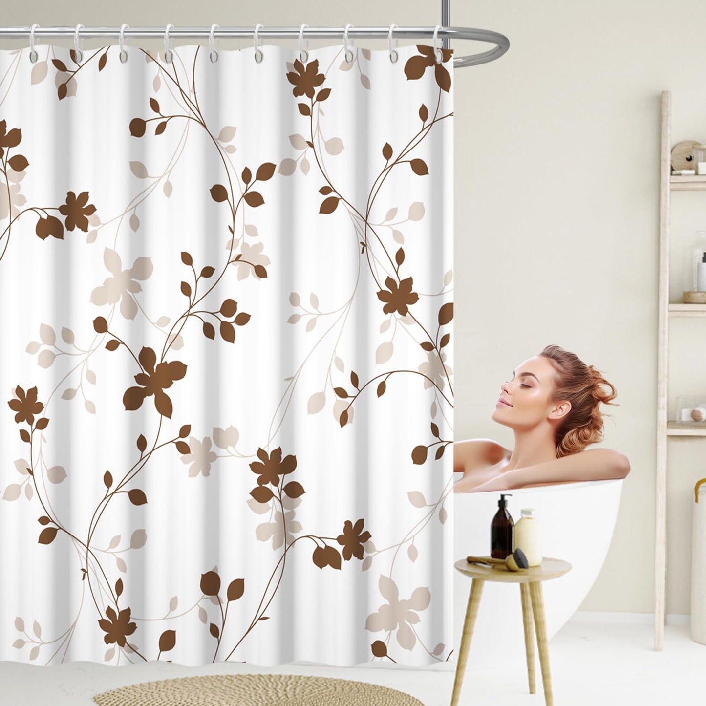 GICDSU Brown Plant Leaves Shower Curtain, Waterproof Fabric Shower Curtain Set with 12 Hooks, Modern Farmhouse Leaf Pattern Shower Curtains for Bathroom, 72x72 Inches