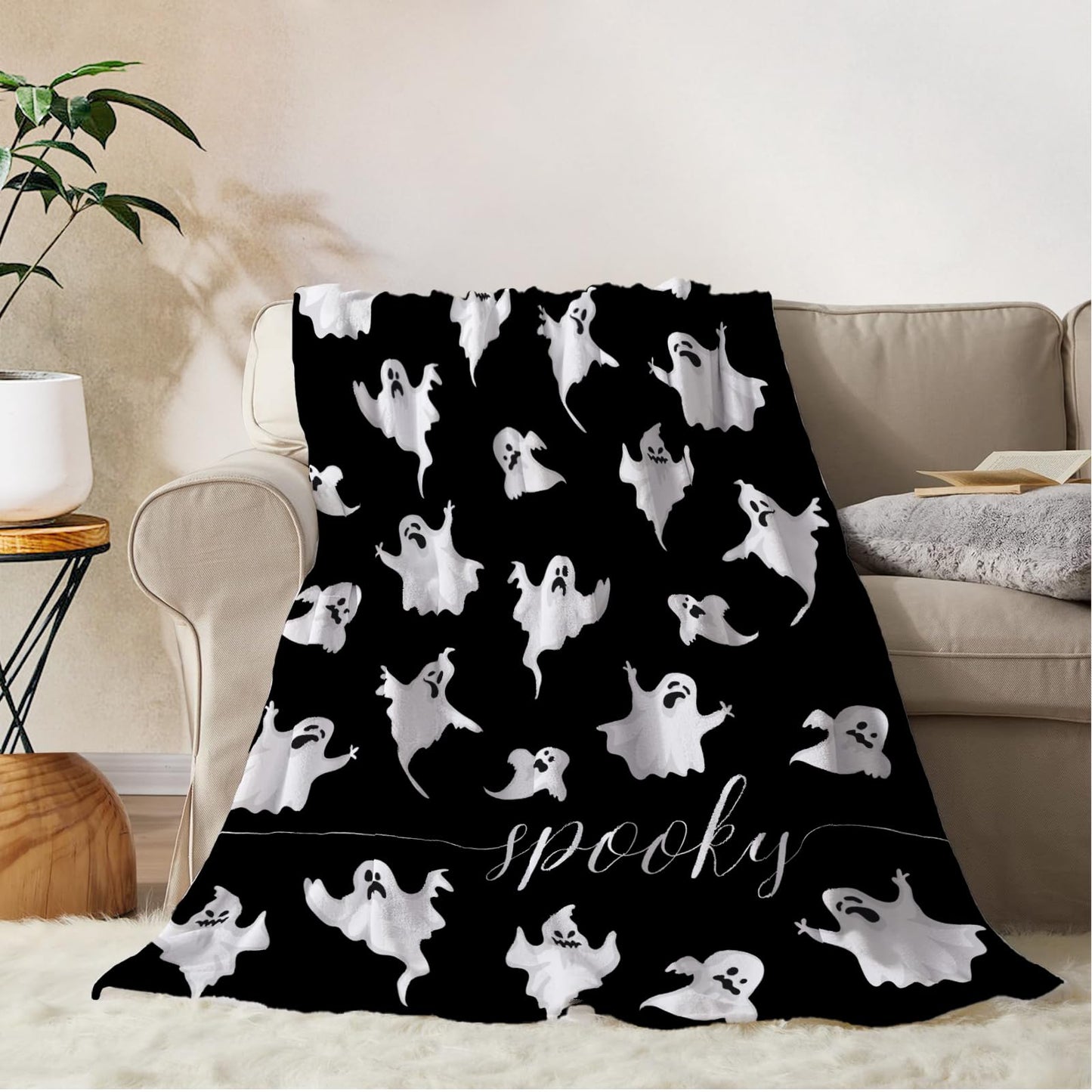 YeeJu Halloween Throw Blanket Black Spooky Ghost Throw Blanket for Couch Sofa Bed Living Room Halloween Cozy Soft Lightweight Fuzzy Plush Fleece Blankets and Throws Decorative Blanket 50x60