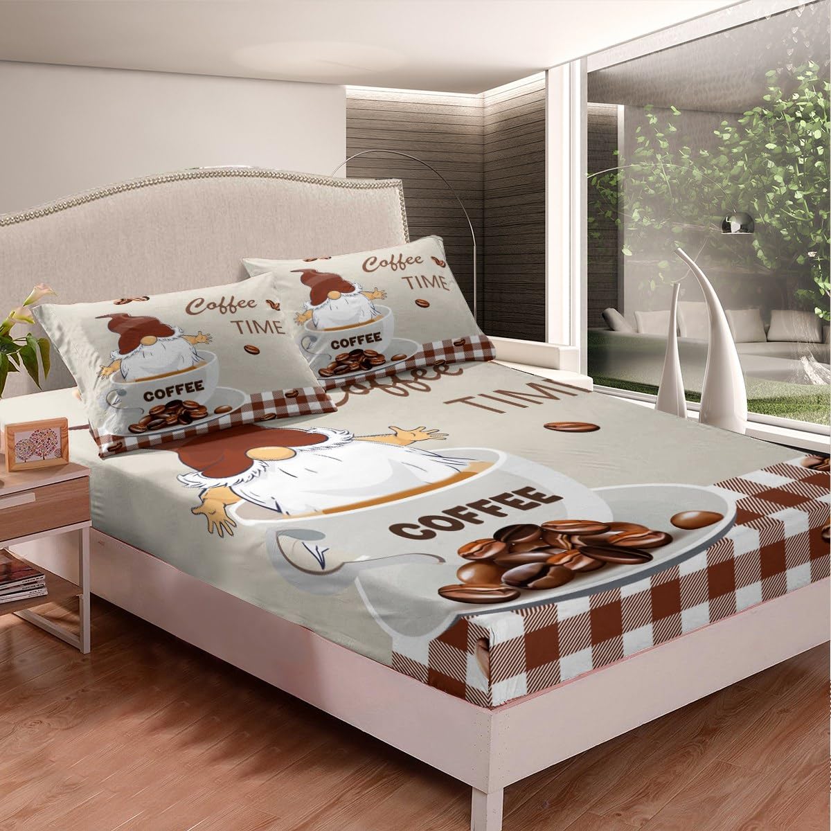 Manfei Coffee Fitted Sheet Twin Size, Gnome Coffee Time Bed Cover with 1 Pillowcase, Brown Plaid Farmhouse Bedding Set 2pcs for Kids Boys Girls Room Decor, Soft Polyester Bedding