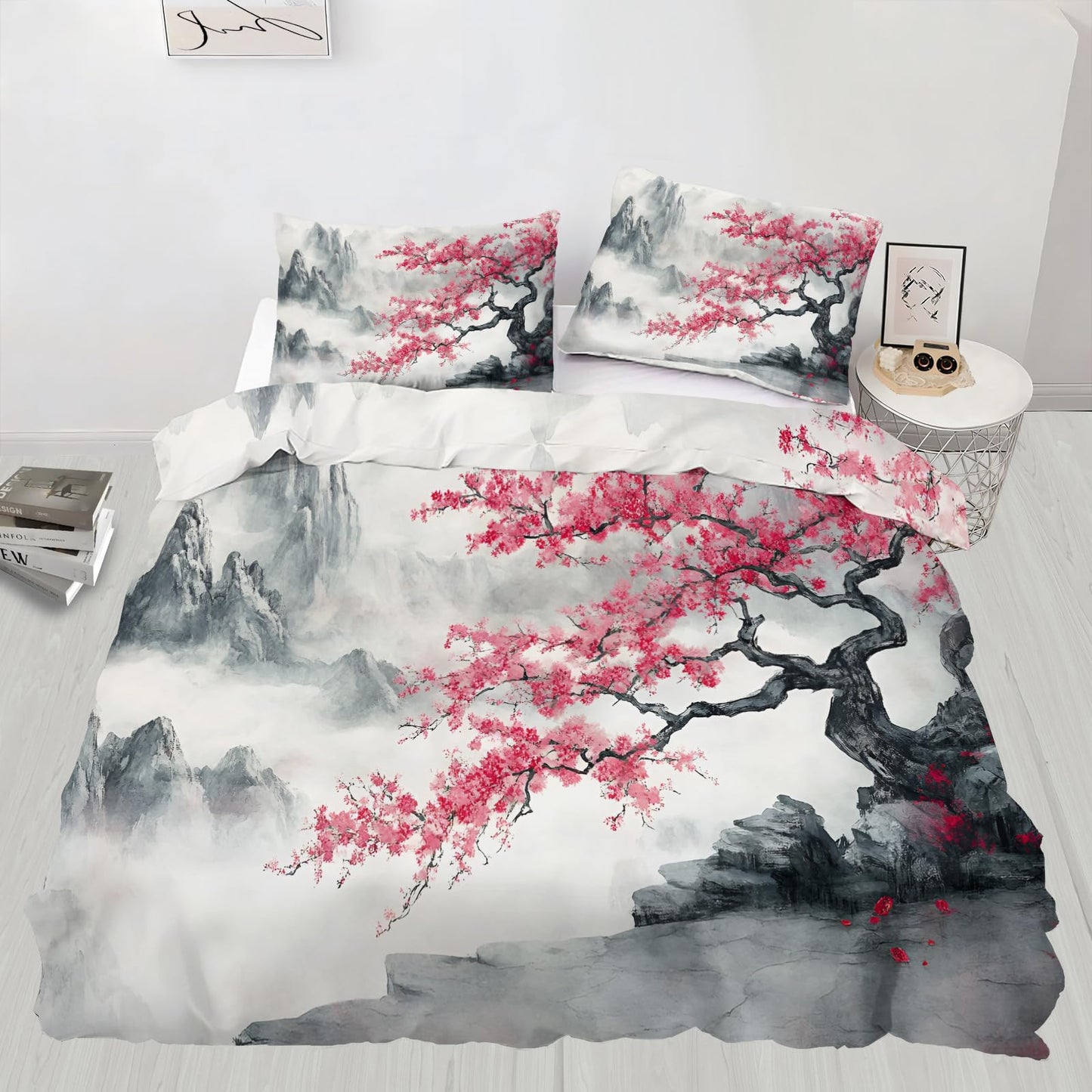 GKPLY Cherry Blossom Duvet Cover King, Mountain Bedding & Bedroom Decor, Traditional Floral Comforter, Zipper Closure, Misty Landscape Duvet Cover & 2 Pillowcases, Reversible Print