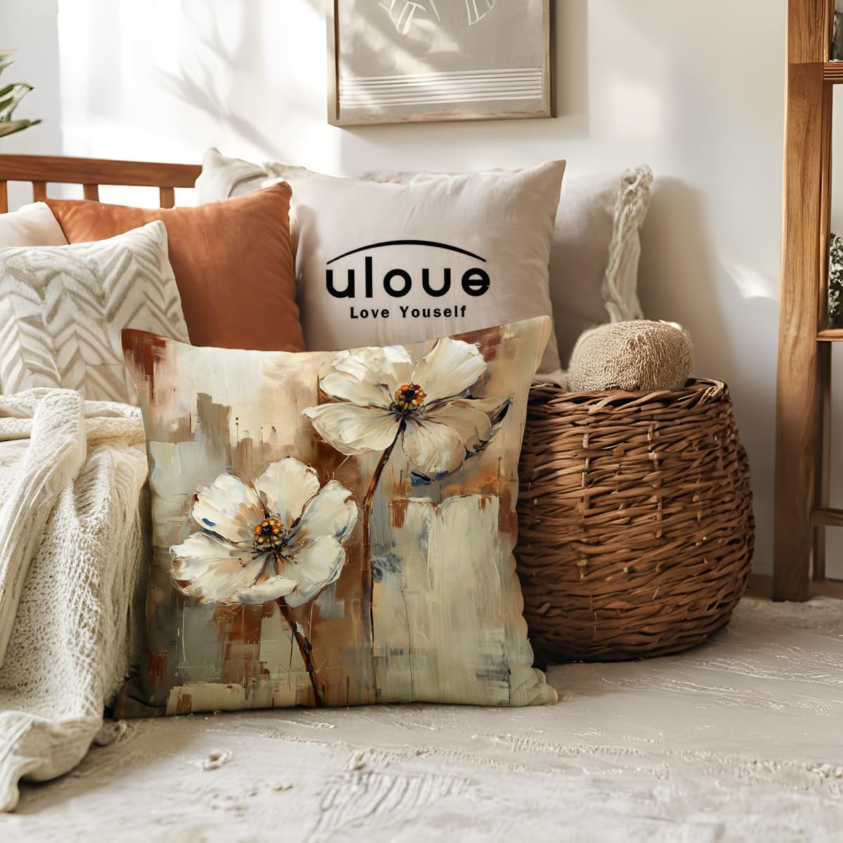 2Pack Flowers Decorative Pillow Covers Modern Beige Poppy Design Cushion Covers Oil Painting Pretty Floral Pillowcases 18 x 18 Inch Farmhouse Spring Summer Decorations (Beige/Brown)