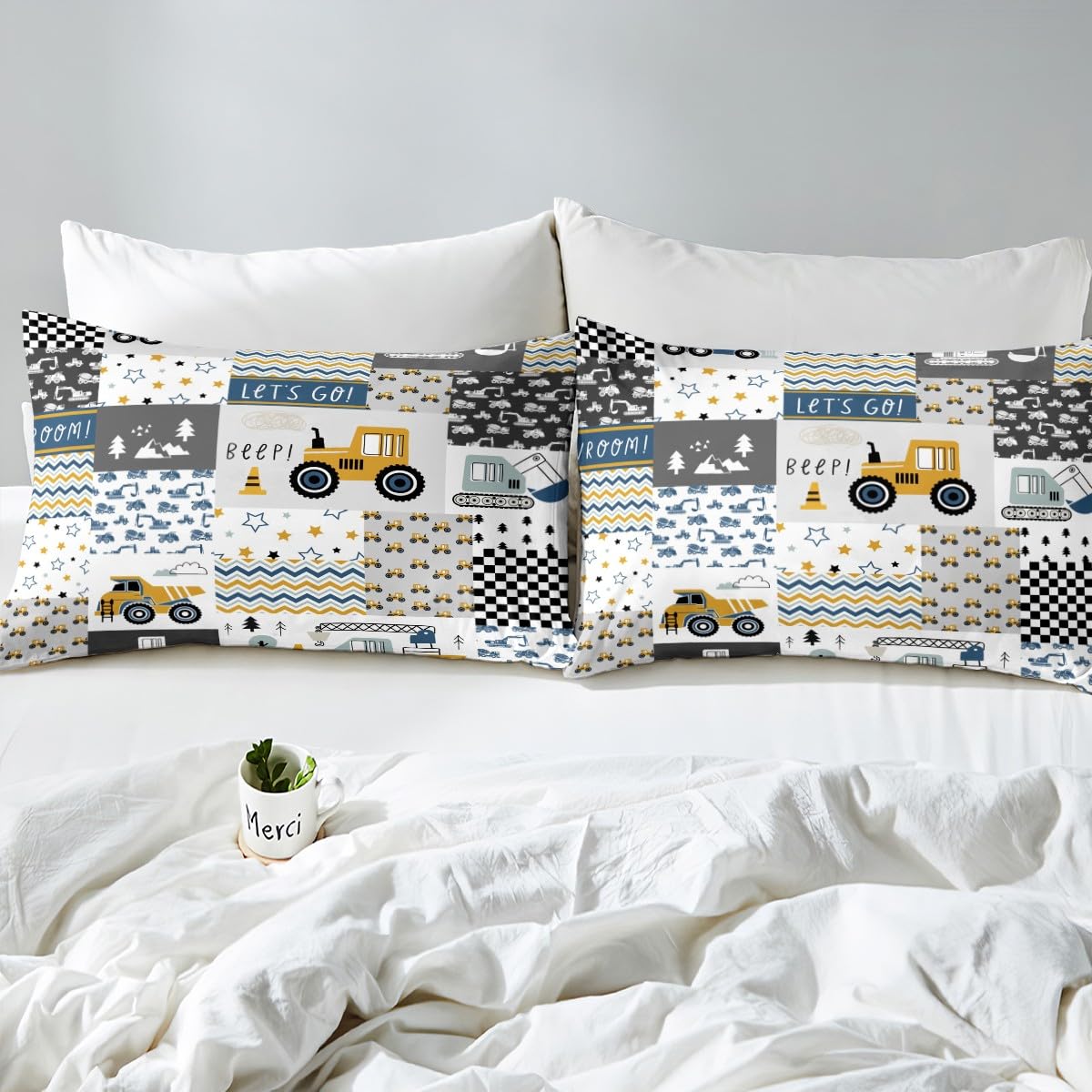 Cartoon Cars Kids Fitted Sheet Full Size,Construction Vehicle Trucks Tractor Bedding Set,Boys Room Decor,Geometric Plaids Excavator Star Stripe Bed Cover,Chic Bed Sheet,2 Pillowcases