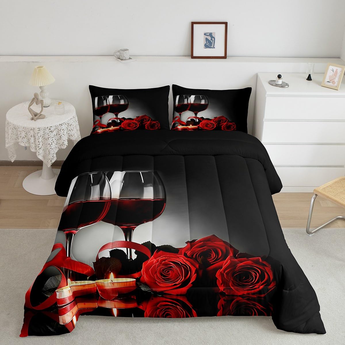 Erosebridal Rose Wine Glass Comforter Set for Girls Red Black Rose Bedding Set King Size Floral Blossom Quilt Set Banquet Flower Romantic Valentine's Day Duvet Set, Women Men Adult Grey Comforter Set