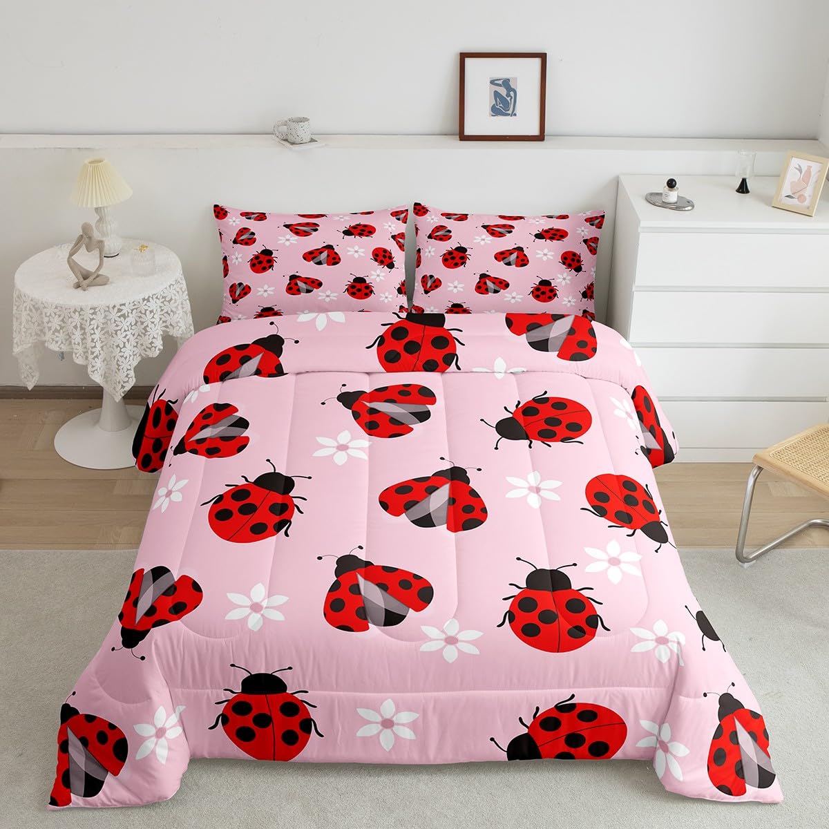 Feelyou Ladybug Comforter Set Ladybug Gifts for Girls Boys Cute Bug Comforter Queen Size Garden Farmhouse Animal Bedding Set Pink Duvet Set Quilt Set 3Pcs