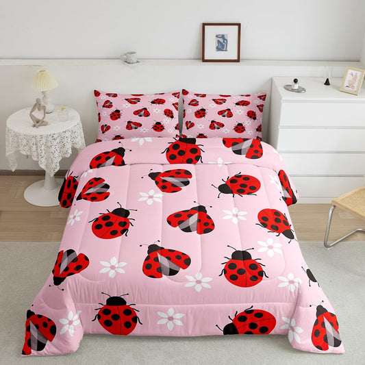 Feelyou Ladybug Comforter Set Ladybug Gifts for Girls Boys Cute Bug Comforter Queen Size Garden Farmhouse Animal Bedding Set Pink Duvet Set Quilt Set 3Pcs
