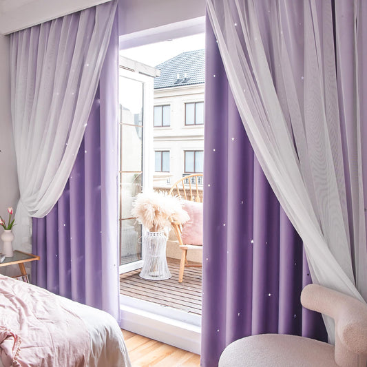Loyala Stars Curtains for Kids, Double Layer Curtains, Blackout Curtains for Bedroom, Kids Curtains, Cute Curtains, Kids Blackout Curtains, Set of 2 Panels, Purple Curtains, 52 X 63 Inches