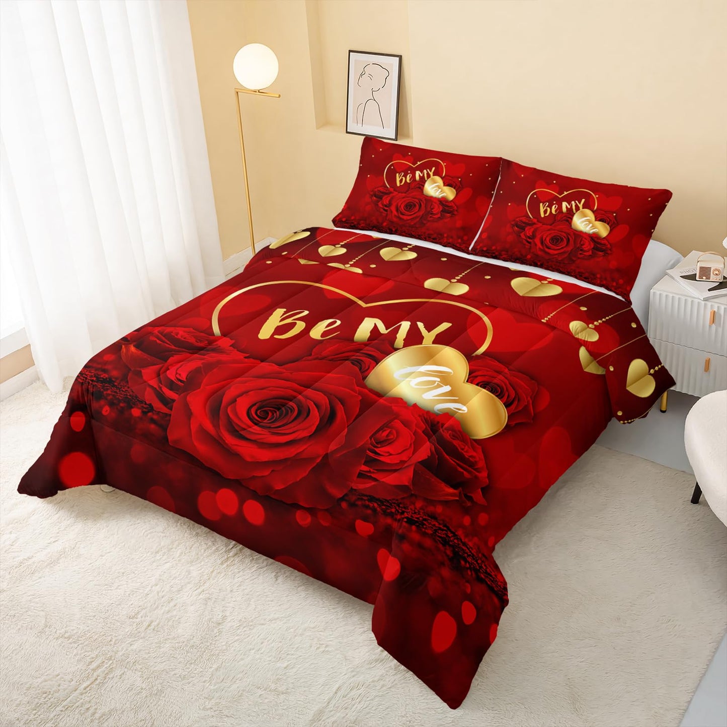 QOOMO Red Rose Kids Bedding Set,Plant Print Comforter Set Queen Size for Boys Girls Teen Room Decorat,Soft Lightweight Bed Set All Season,1 Comforter 2 Pillowcases