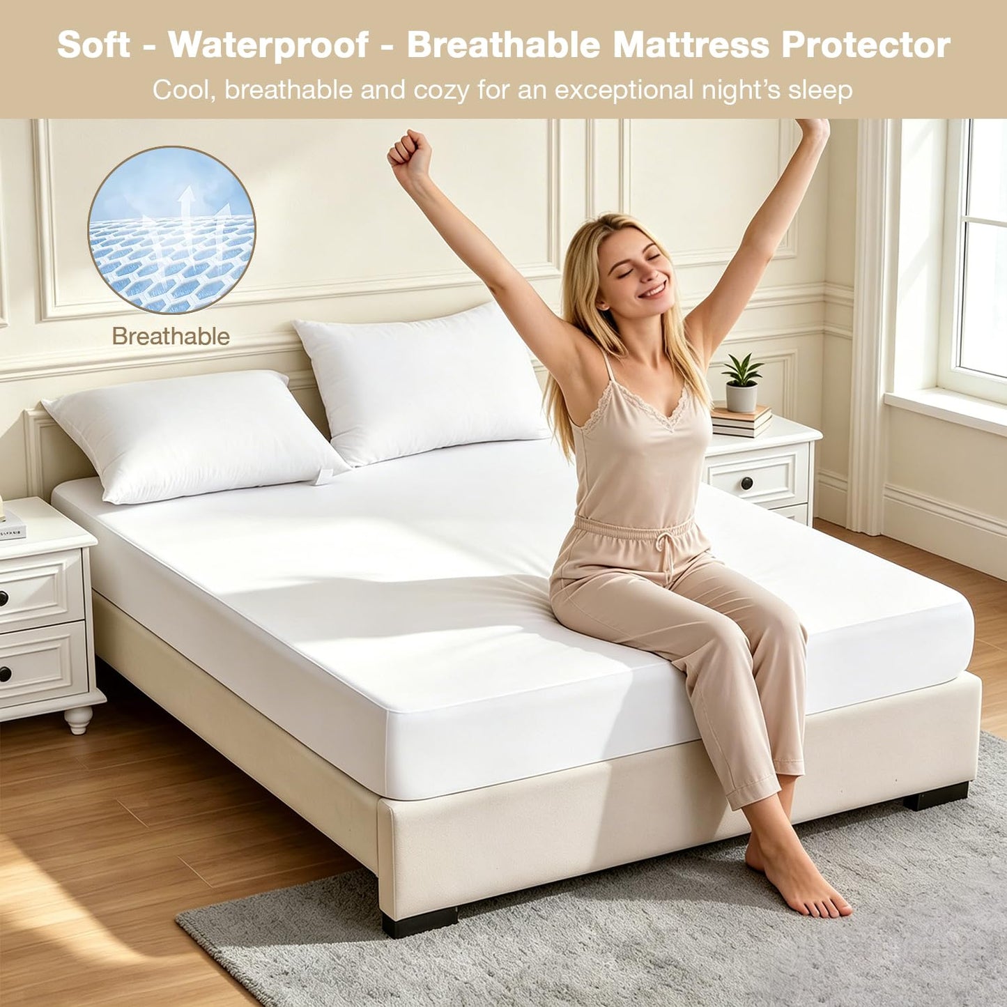 Twin XL Mattress Protector Waterproof 2 Pack Washable Mattress Cover Breathable Twin XL Size Fitted Bed Pad Noiseless Plastic Protection Up to 18” Mattress Protector Soft（White）
