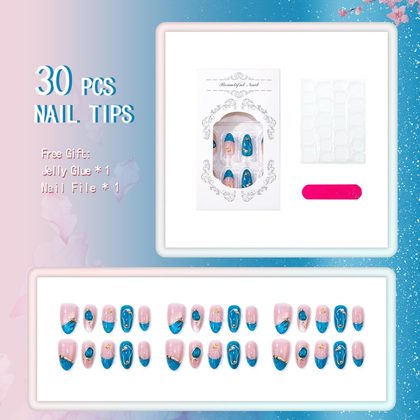 Medium Press on Nails Almond Fake Nails Blue Artificial Nail Metallic Seashell French Tips Gold Frame Pearl Gem Charm Luxury Mermaid Salon Style Stick on Nail for Women 30pcs