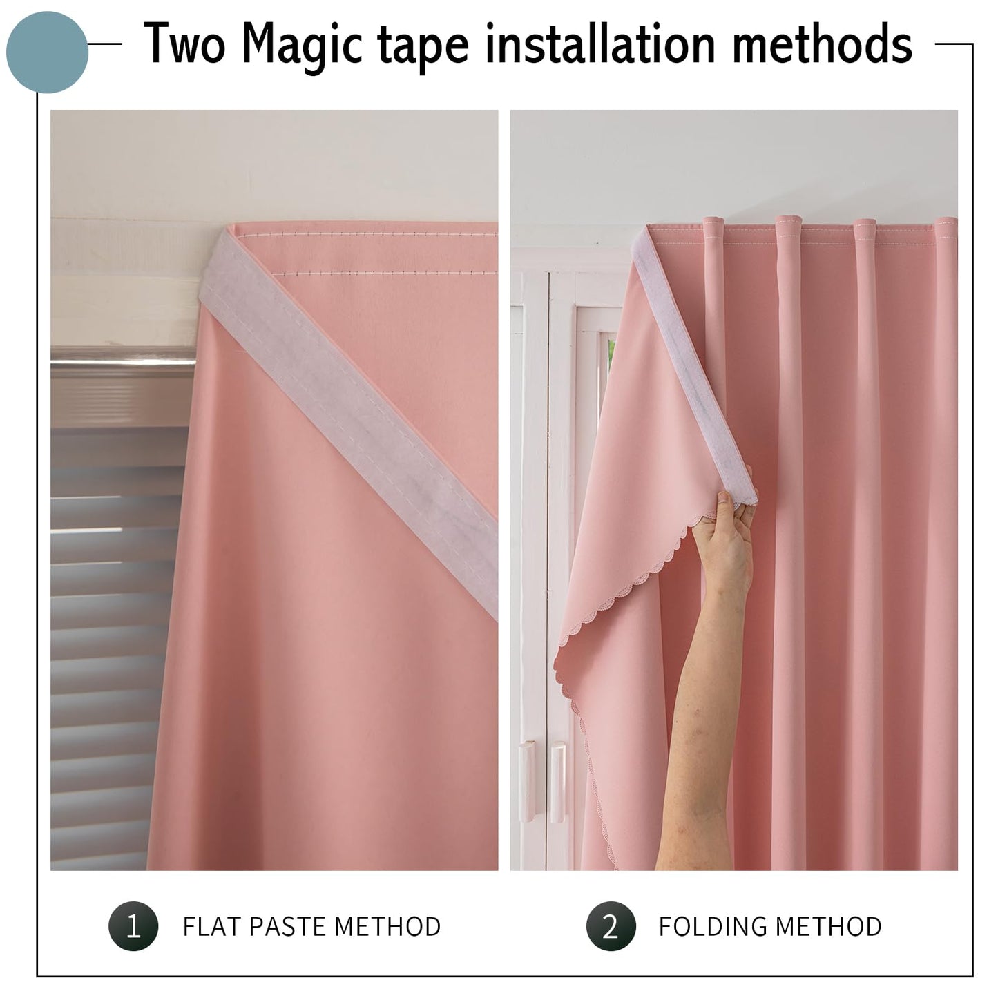 Jilron Magic Tape Stick on Curtains Blackout Curtains for Bedroom no Drillng Self Adhesive Curtain no Rod Small Window (Pink, 35" W x 40" L) 2 Panels