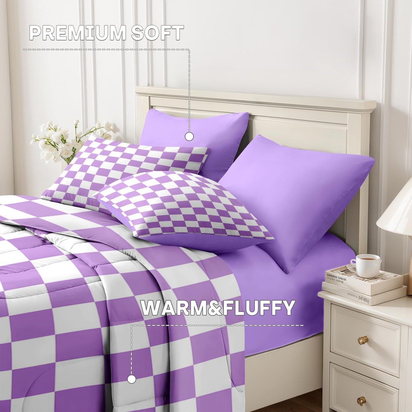 Nesker Comforter Set Queen Size, Purple Plaid Gingham 7 Pcs Bedding for Kids and Adults, Checkerboard Grid Bed Sheet Sets with Fitted Sheet 2 Pillowcases & 2 Shams
