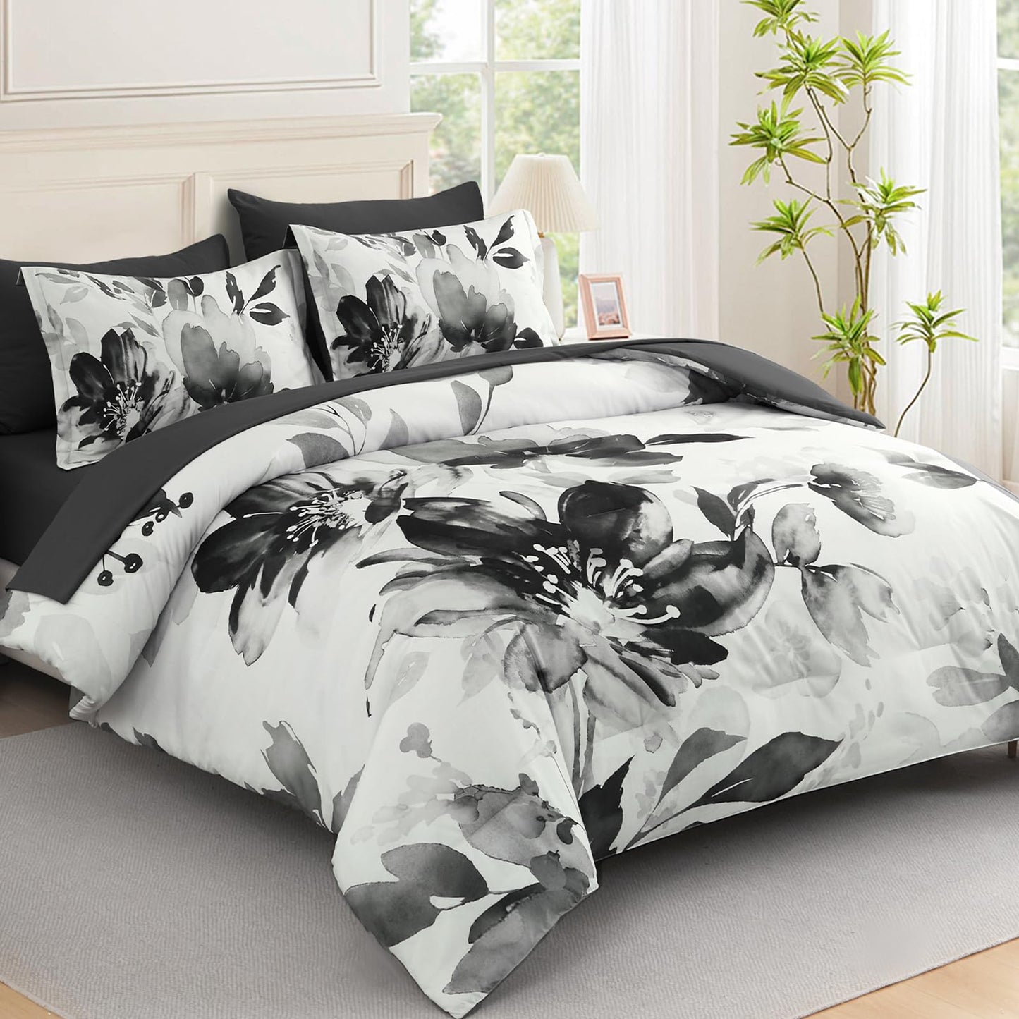 Luxudecor Floral Comforter Set Queen Size, 7 Piece Black Grey Flower Set Bed in a Bag,Soft Microfiber Farmhouse Shabby Chic Bedding Set for All Seasons(90"x90")