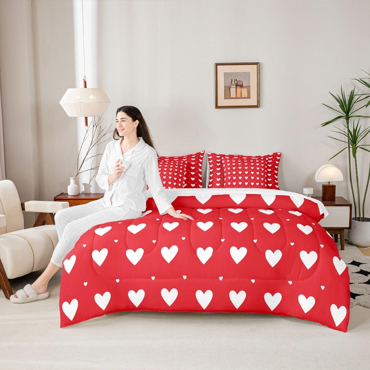 Erosebridal Couple Red Love Full Bedding Set - Cute Hearts Printed Bed in A Bag,Romance Love Heart Comforter Sets with Sheets, Romantic 7 Pieces Bed Set Bedroom Decor