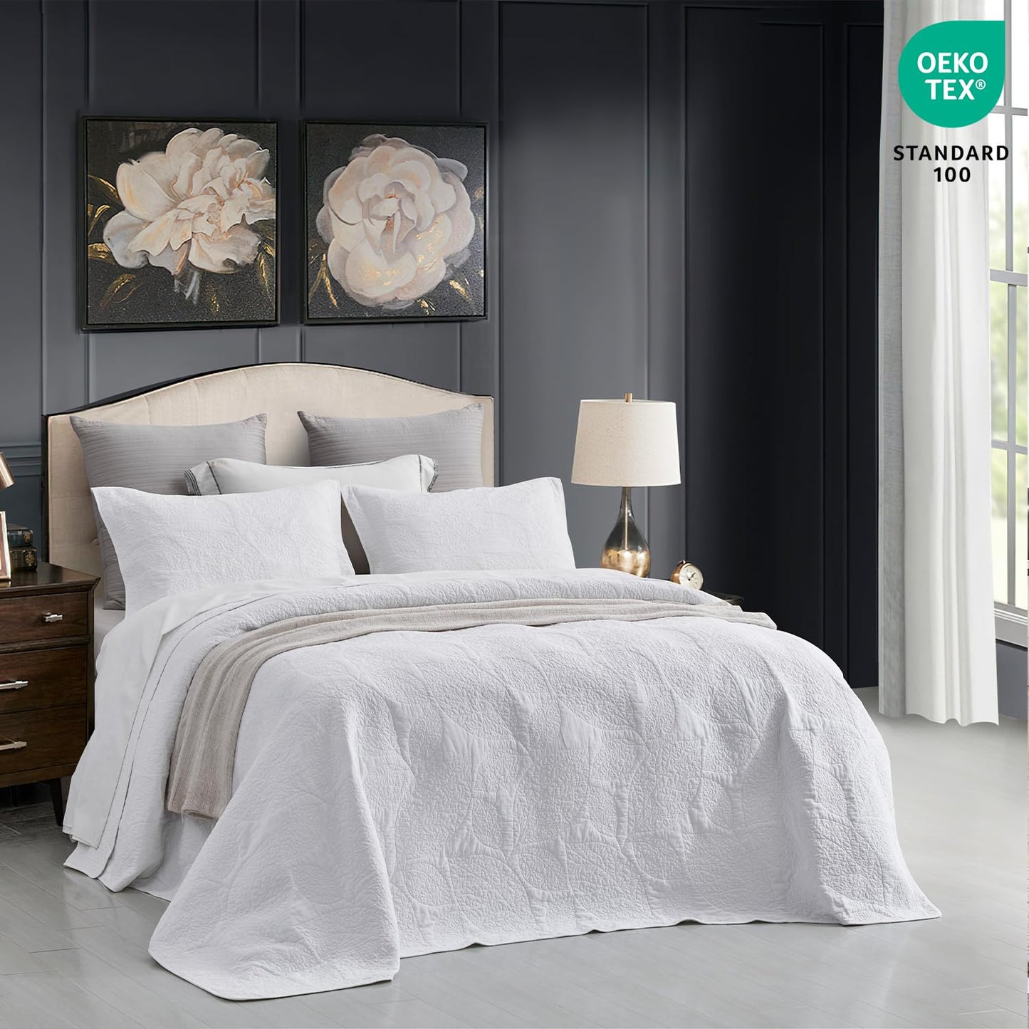 CHIXIN Botanical Cotton Quilt King Size - Real Stitching Leaf Pattern - Quilted Bedspread Coverlet Set, Ultra Soft, Lightweight, Reversible, 3 Piece, Pure White