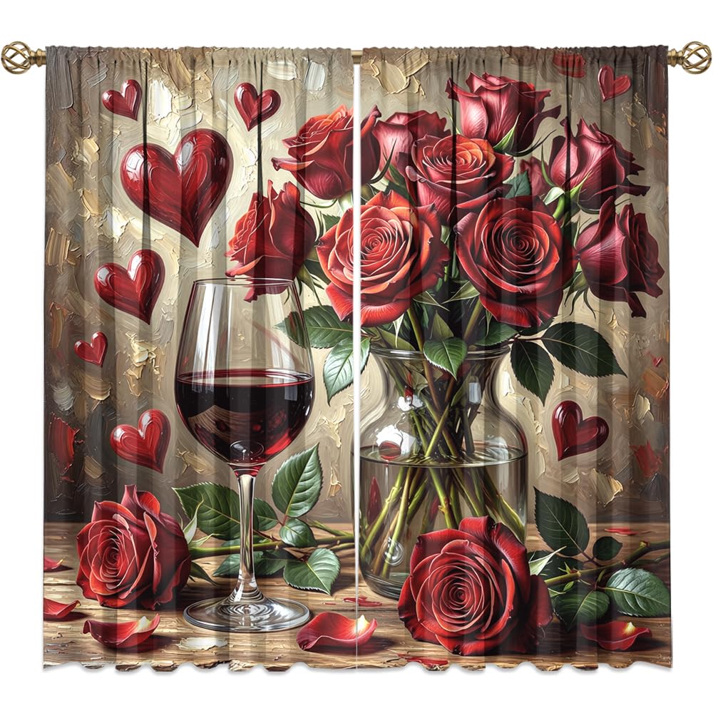 KuracleGH Valentines Day Red Wine Curtains for Bedroom,Aesthetics Floral Red Rose Room Darkening Blackout Window Treatment,Romantic French Wine Glass Rod-Pocket Privacy Curtains,2pcs,Each 21“W x 45”L