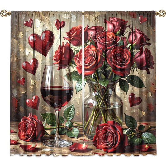 KuracleGH Valentines Day Red Wine Curtains for Bedroom,Aesthetics Floral Red Rose Room Darkening Blackout Window Treatment,Romantic French Wine Glass Rod-Pocket Privacy Curtains,2pcs,Each 21“W x 45”L