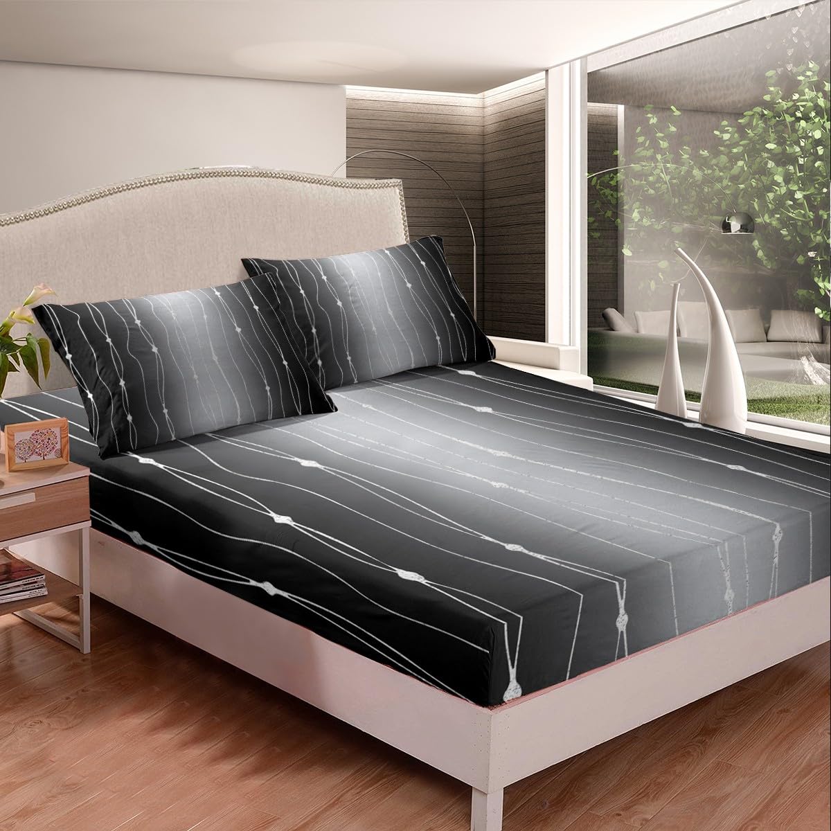 Erosebridal Black and Grey Bed Sheets Set Gradient Ombre Queen Size Sheet Sets, Wave Lines Dots Sheets Aesthetic Bed Set Modern Abstract Flat Sheet Bedroom Decoratives 4-Piece