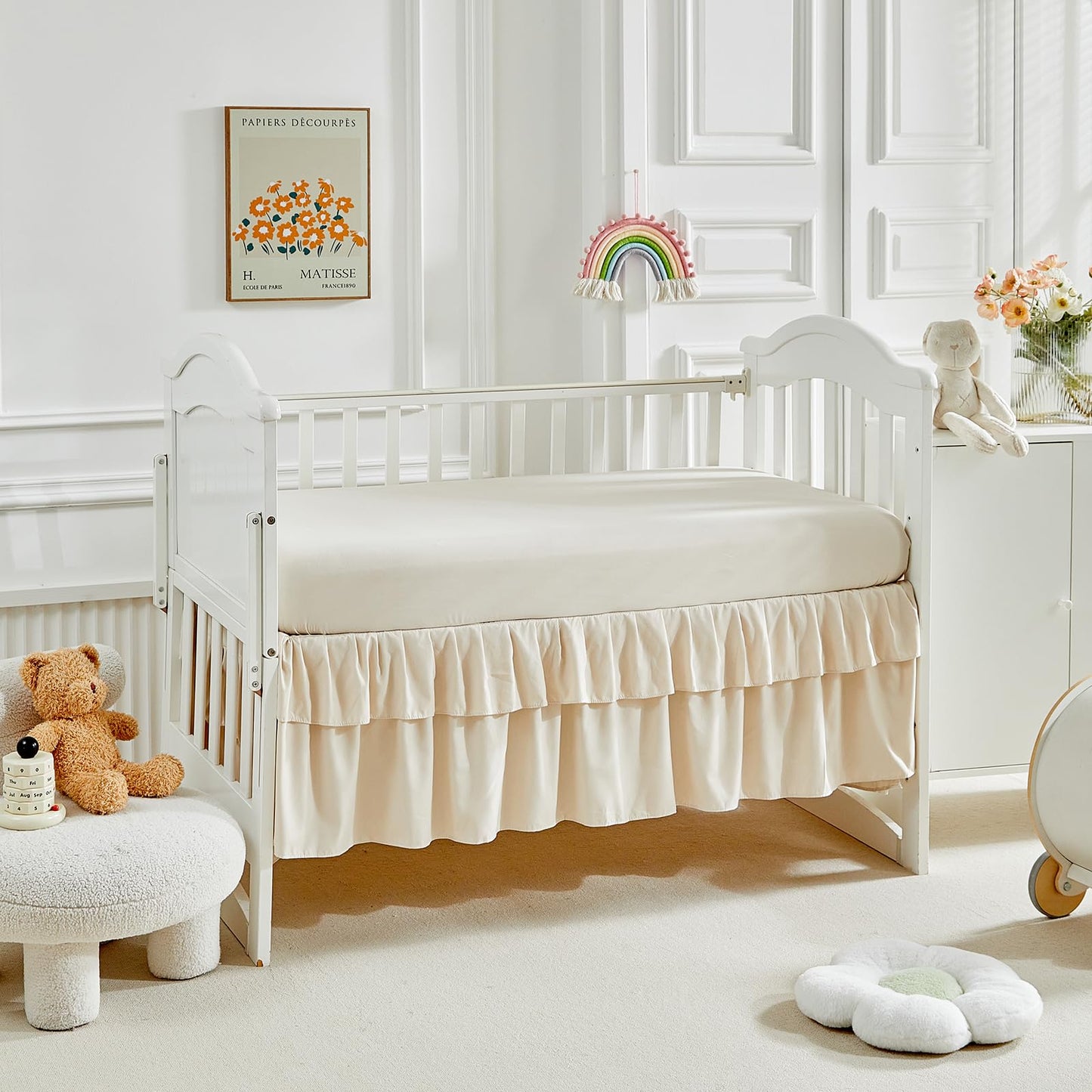 3 Pieces Tufted Crib Bedding Set with Ruffle Fringe, Beige Ruffled Comforter with Fitted Sheet and Bed Skirt , Soft and Embroidery Shabby Chic Boho Bohemian Jacquard Design for Baby Girls Boys
