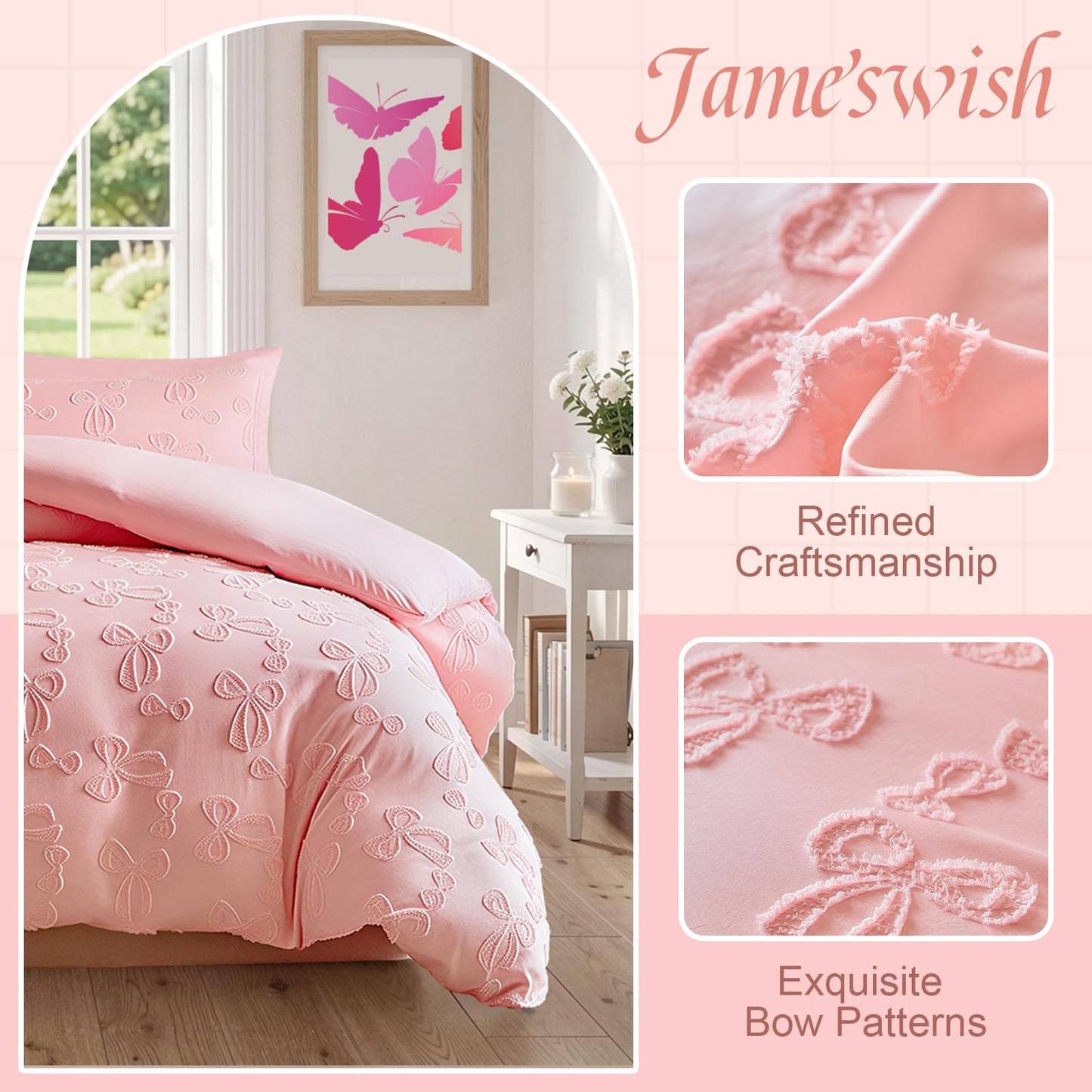 Jameswish 7 Pieces Bow Comforter Set for Girls Kids Pink Tufted Boho Bedding Set Queen Size Farmhouse Bed in A Bag as Gifts (1 Comforter, 1 Flat Sheet, 1 Fitted Sheet, 2 Pillowcase and 2 Pillow Sham)