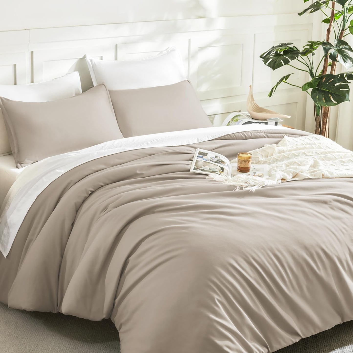 Litanika Oatmeal Comforter King Size, 3 Pieces Lightweight Solid Bedding Comforter Set, All Season Fluffy Bed Set