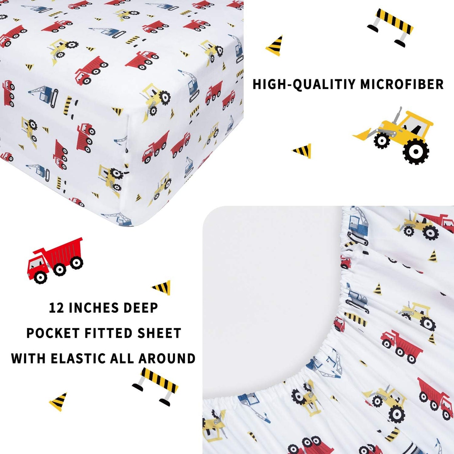 Softan Bed Linen Set for Kids, Twin Size, 3Pcs, Microfiber, Trucks Design, Deep Pocket