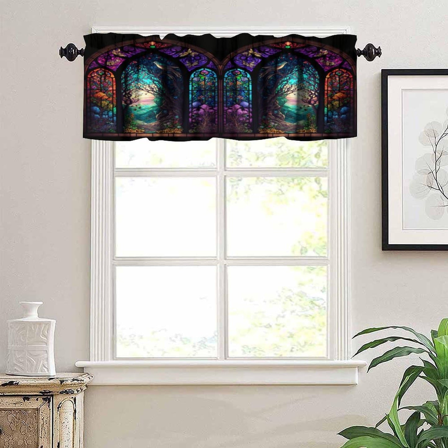 Stained Glass Blackout Window Valance Curtain, Autumn Forest Mosaic Art Beautiful Nature Scenery Stained Glass for Home Kitchen Livingroom Coffee Room Window Valance 1 Panel 54x18inch