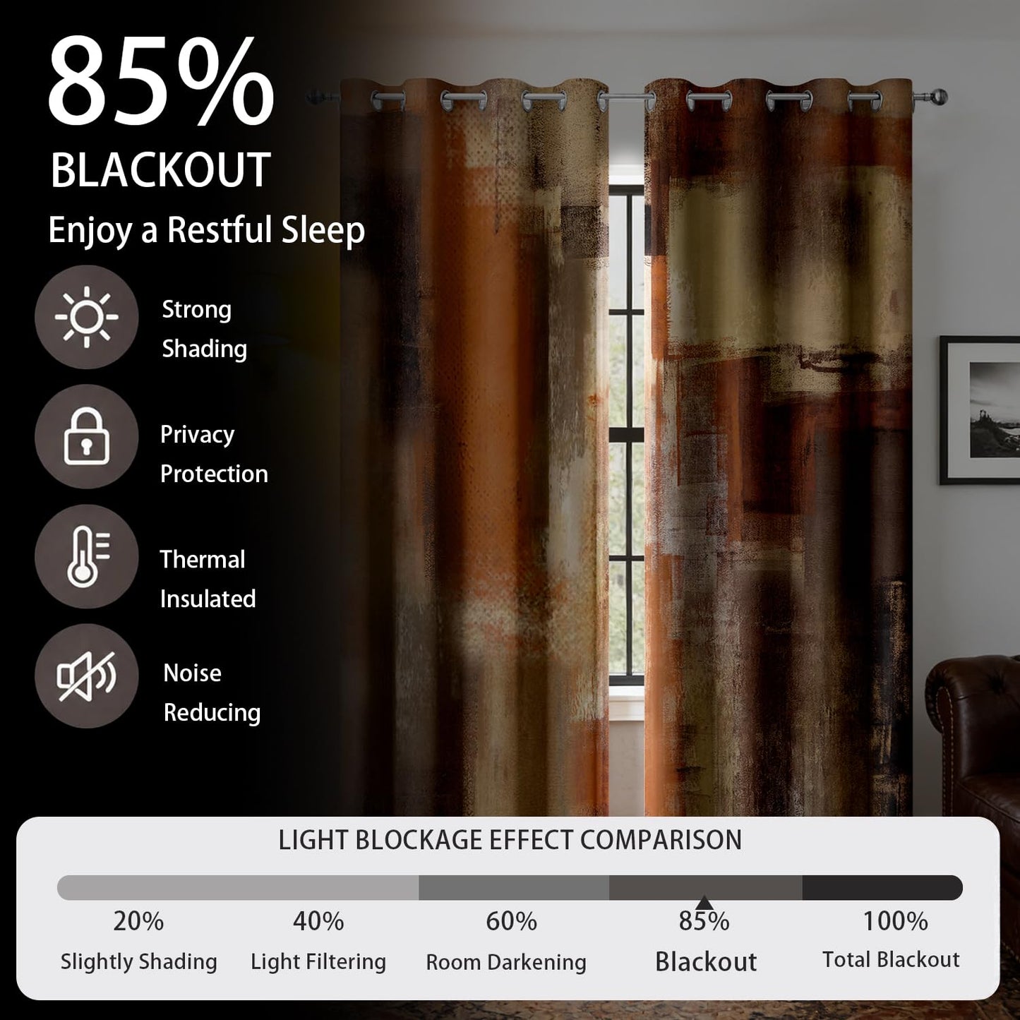 JAZEAOI Burnt Orange Abstract Blackout Curtains, Modern Art Red Brown Rust Black Out Window Drapes for Bedroom Living Room Grommet Thermal Insulated Room Darkening Home Decor, 2 Panels 52x84 Inches